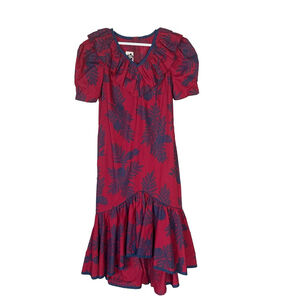 Vintage Hilo Hattie Floral Hawaiian Muumuu Dress with Blue Lace Trim